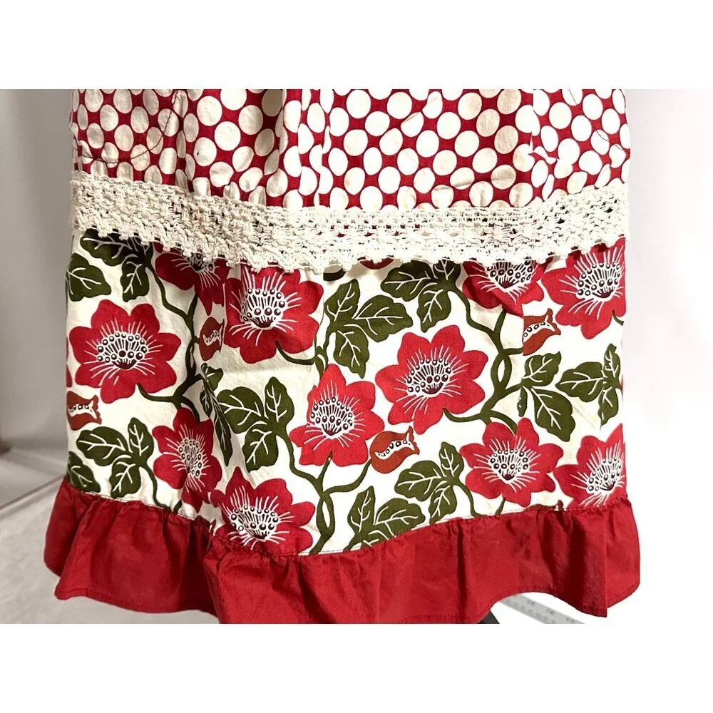 Simply Envogue‎ Red Floral & Polka Dot Apron Lace Trim Cottagecore Grannycore